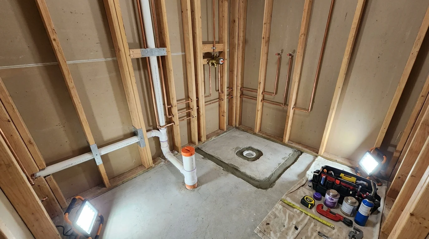 Bathroom rough-in plumbing during remodel by Johns Plumbing LLC in Evansdale
