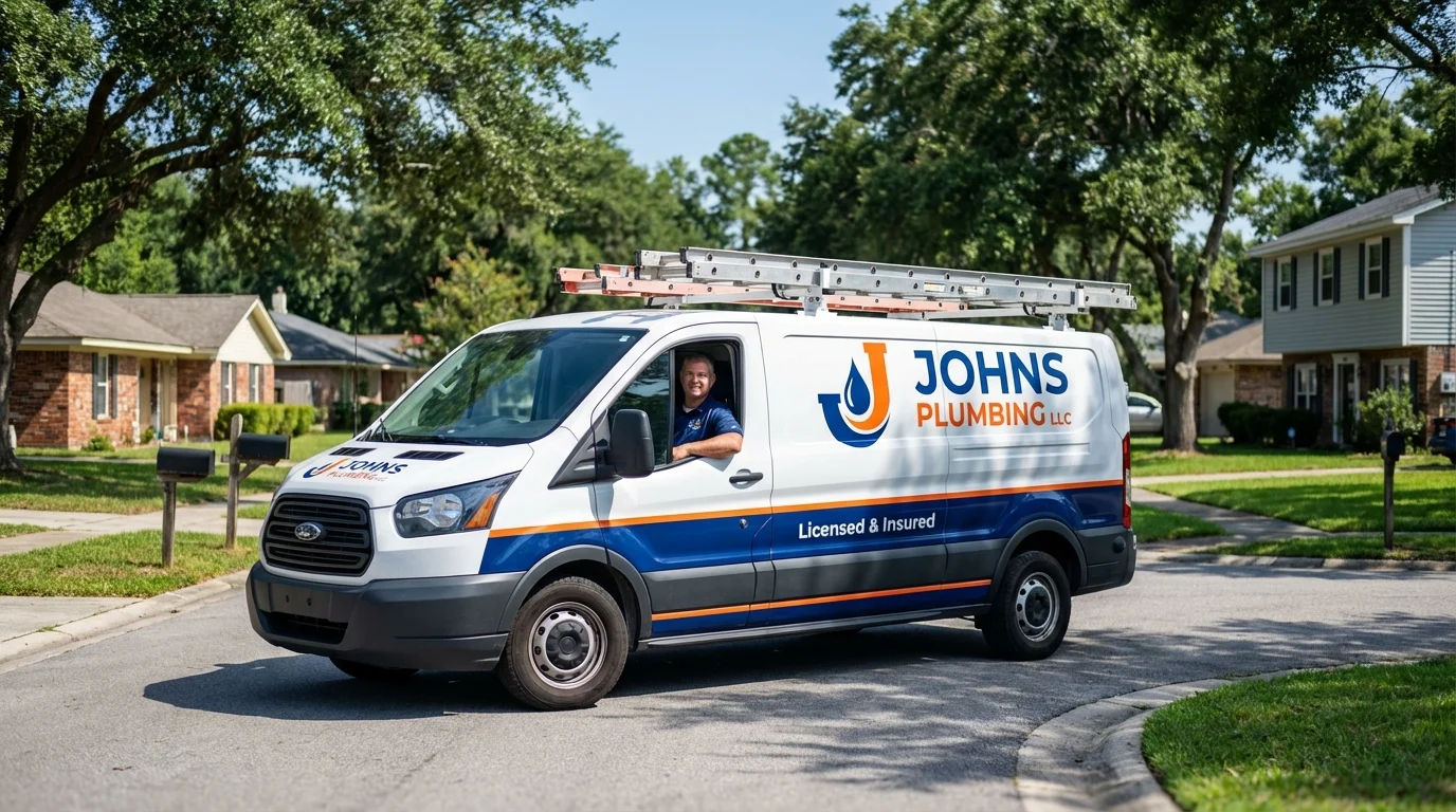 Johns Plumbing LLC service van in Evansdale, IA