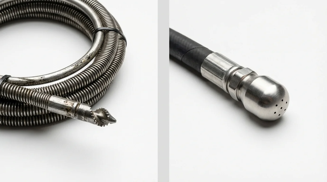 Drain snake cable and hydro jetting nozzle used for drain cleaning in Evansdale, IA