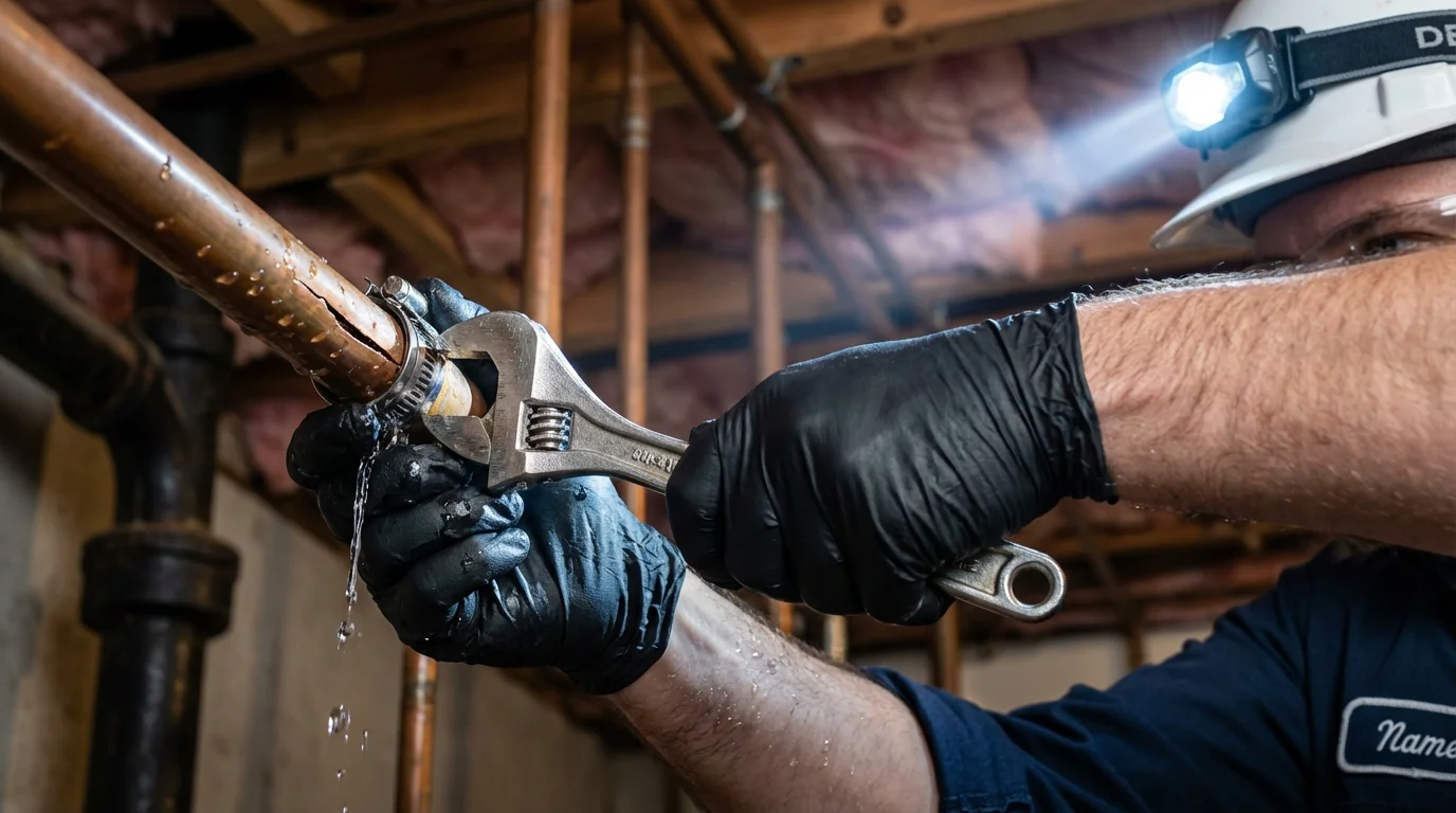 Emergency pipe clamp repair being performed by a Johns Plumbing LLC plumber in Evansdale