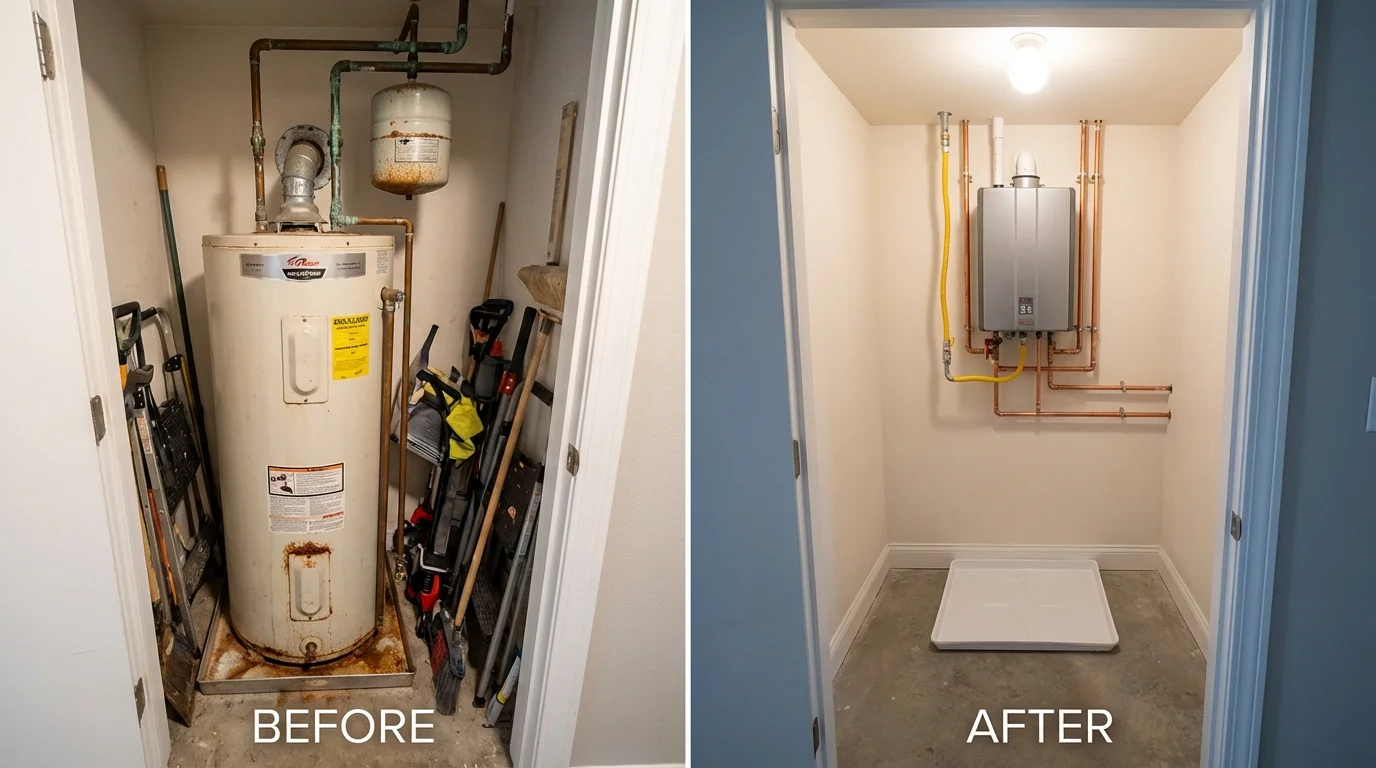 Tank water heater versus wall-mounted tankless unit comparison for Evansdale, IA homeowners