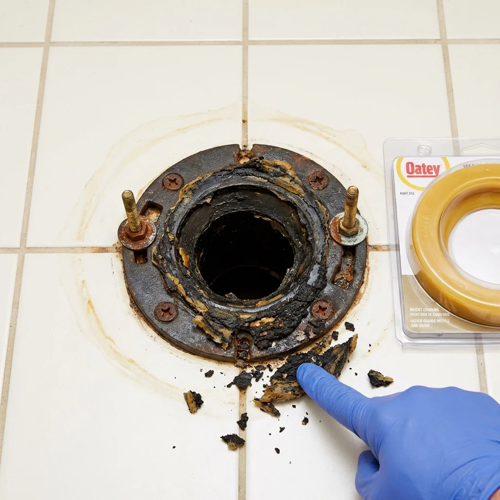 Failed wax ring showing water seepage at the base of a toilet in a Evansdale, IA home