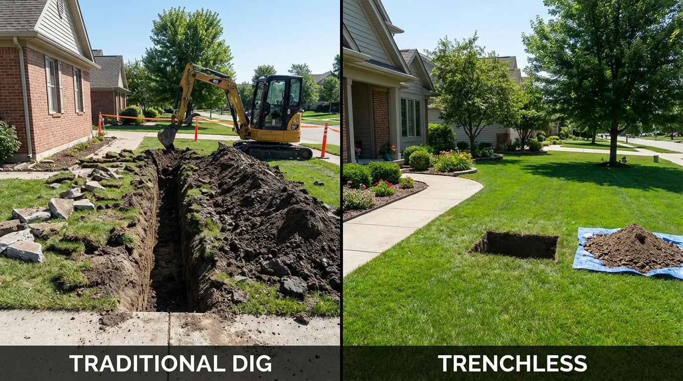 Trenchless sewer repair with minimal yard damage versus traditional excavation in Evansdale, IA