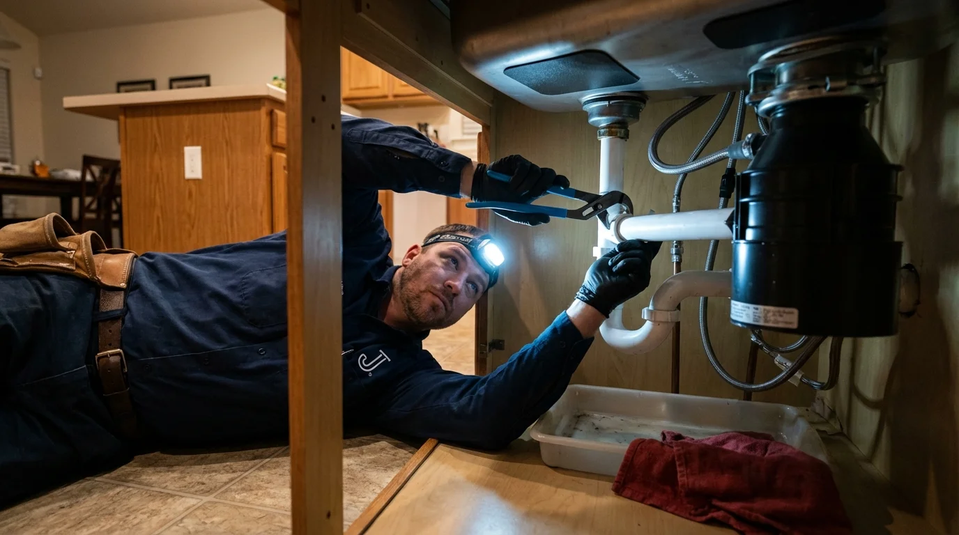 P-trap and supply line connections under a kitchen sink showing a common leak point in Evansdale, IA